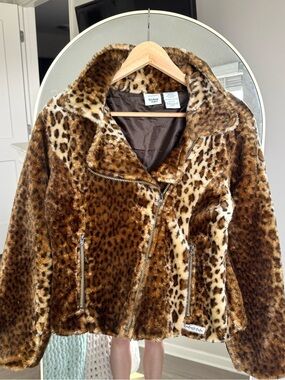 Vintage Rainforest Cafe Cheetah Leopard Faux Fur Moto Jacket